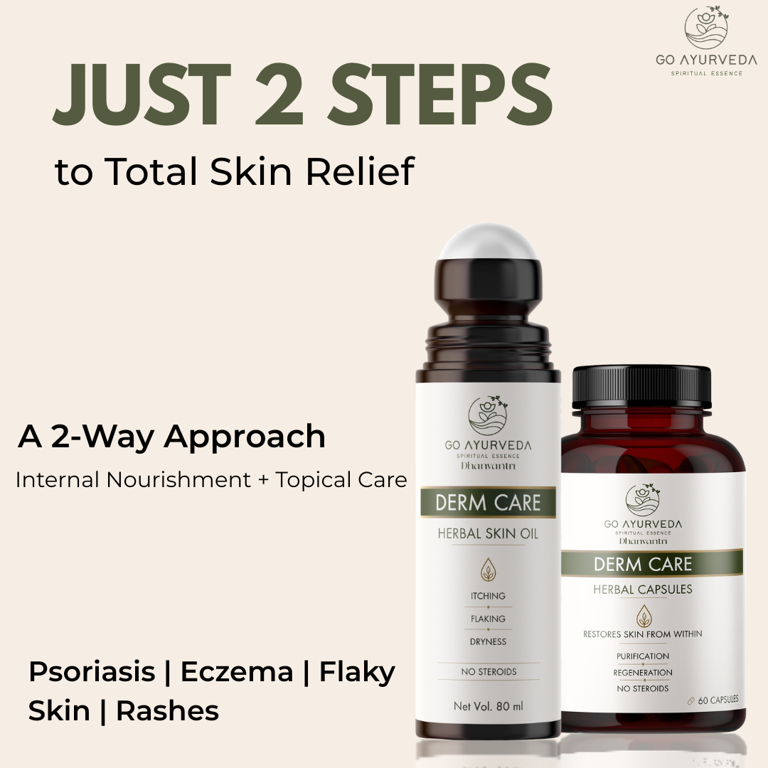 Derm Care Complete Skin Care System | Ayurvedic Care for Psoriasis, Eczema, Ringworm, Flaky Skin, Rashes & Itching | 2 × 80ml Derm Care Oil + 60 Capsules