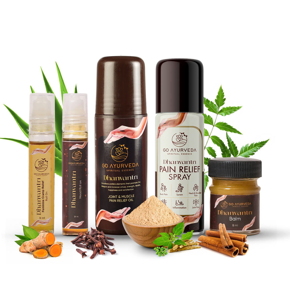 Go Ayurveda Dhanvantri Super Saver Pain Care Kit - Joint & Muscle Relief Oil 80ml, Head Roll-On, Balm, Feminine Cramp Relief, Pain Spray